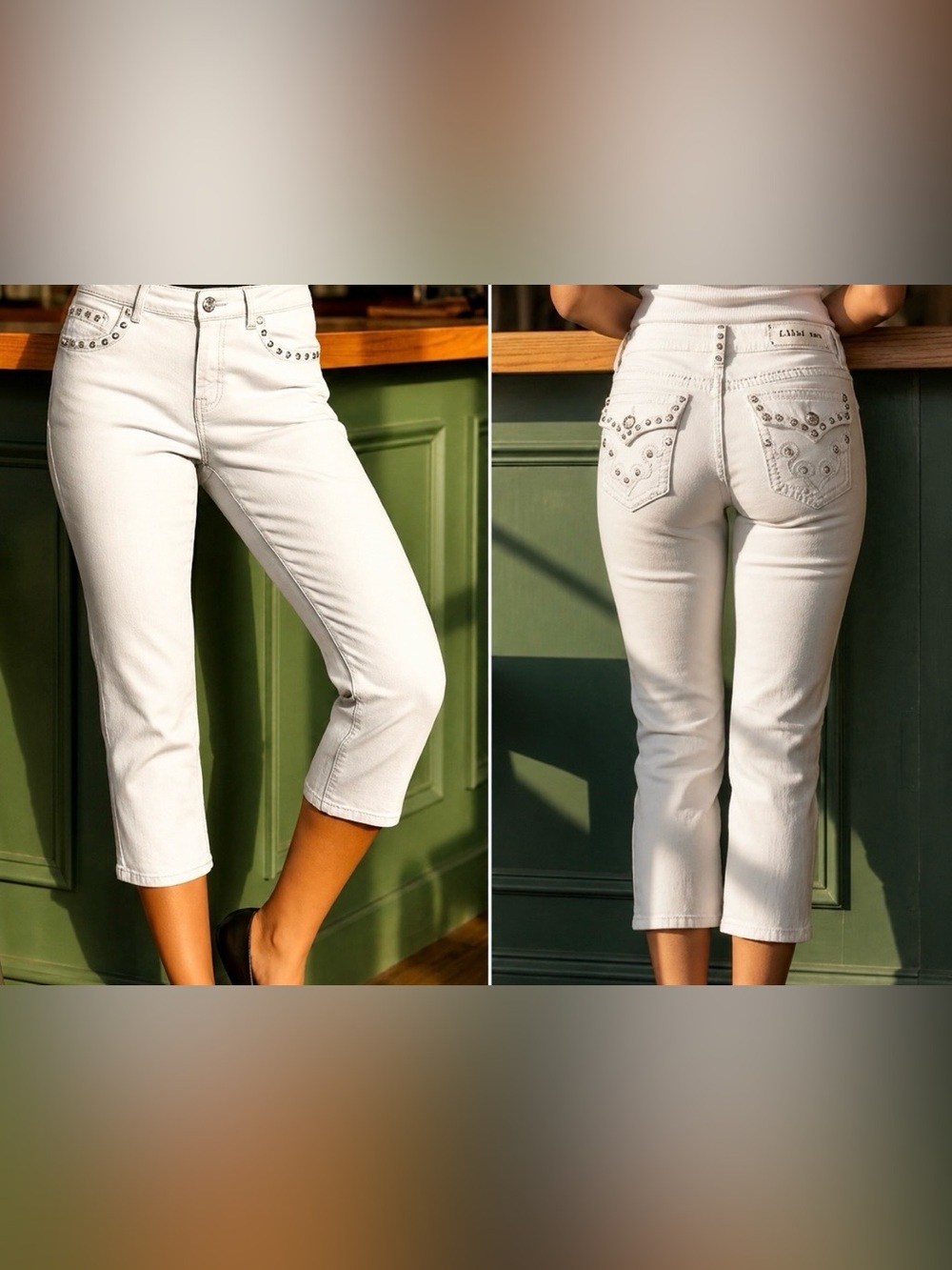 L.A. IDOL White Women's Cropped Jeans with Studded Pockets
